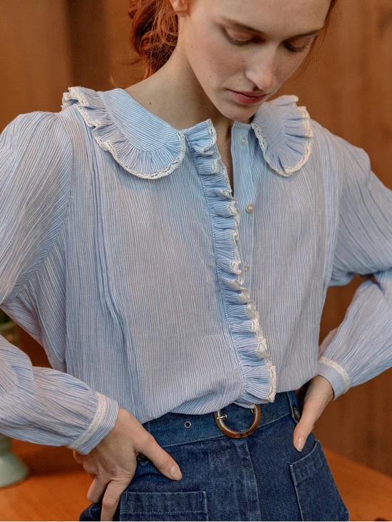 Emile et Ida Tops - Emile & Ida Light Blue and White Striped Blouse EUC
